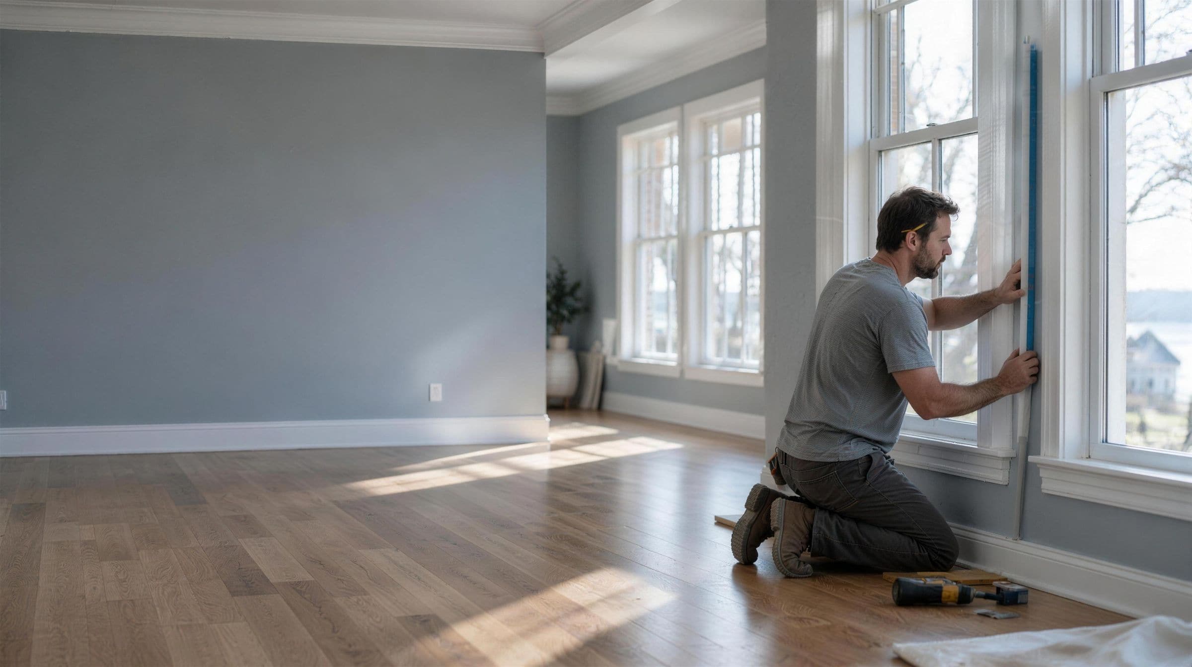 The same room with a fresh blue-gray wall and crisp white trim