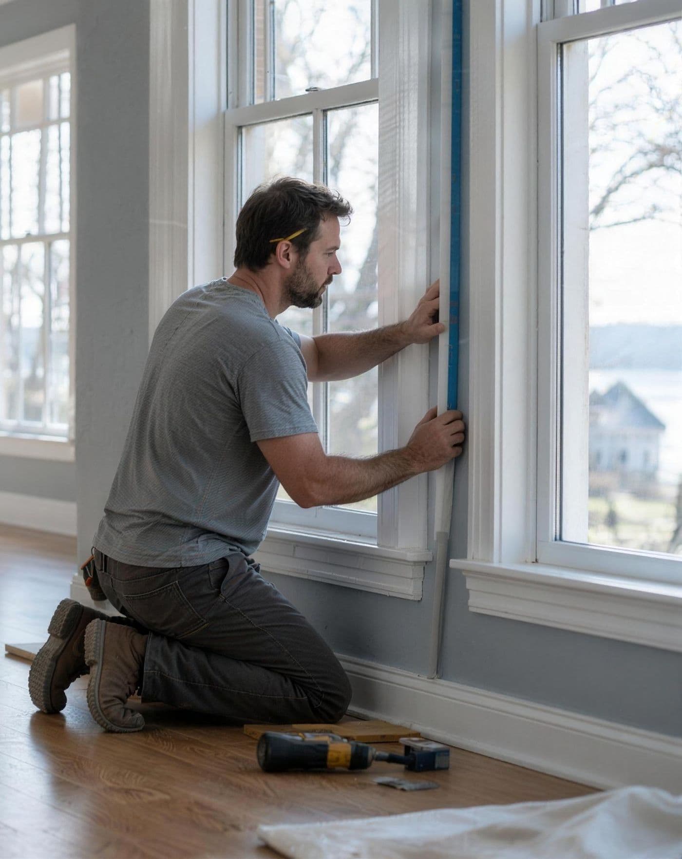 Carpenter checking a window casing with a level
