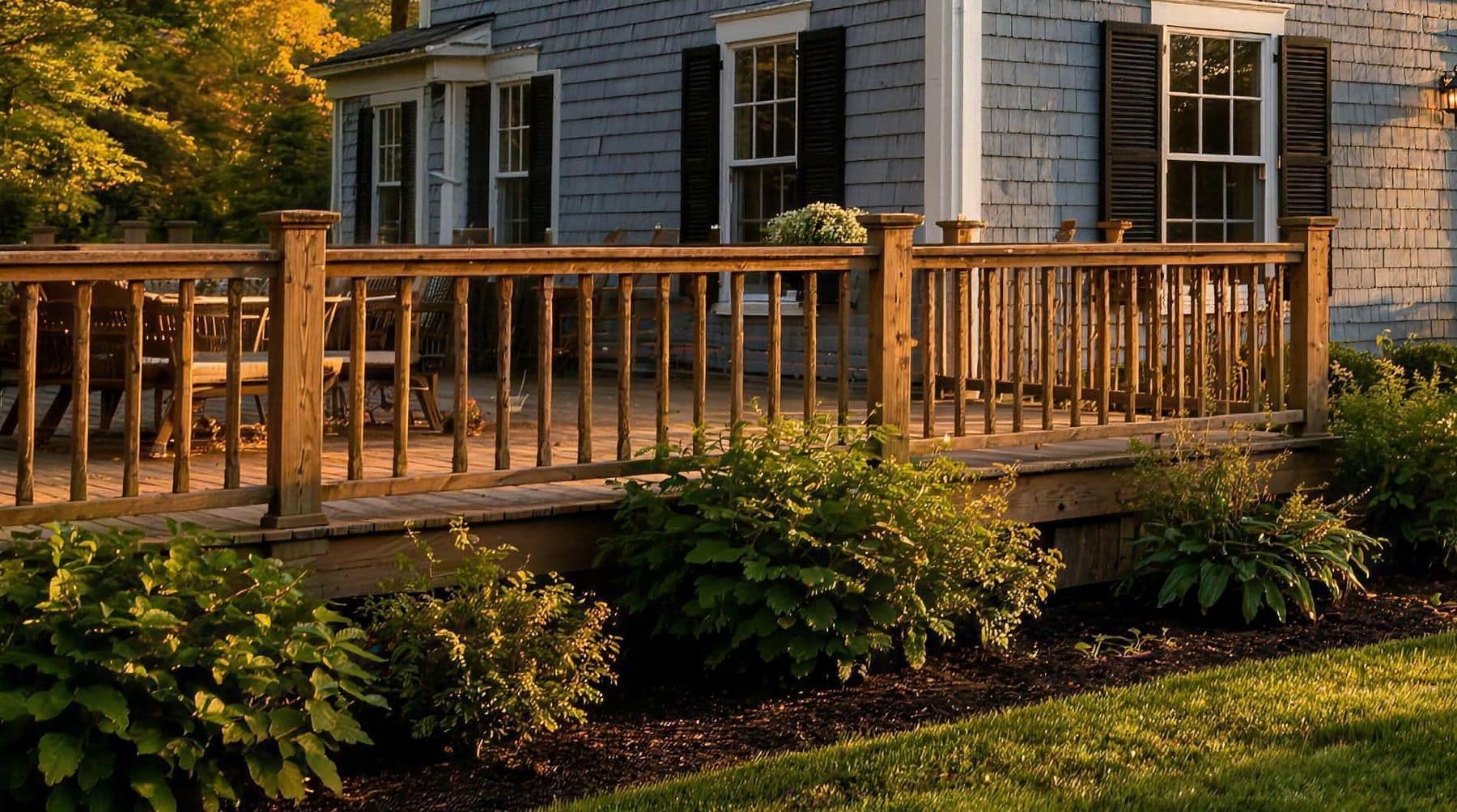 Wooden deck railing in front of a gray shingled house